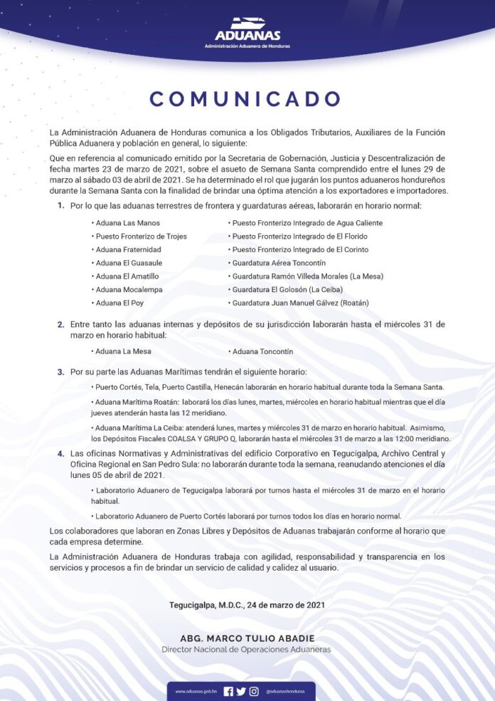 Honduran Customs will maintain normal hours at the border during Holy ...
